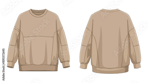 Relaxed fit beige crewneck sweatshirt flat sketch showing front and back views for fashion design