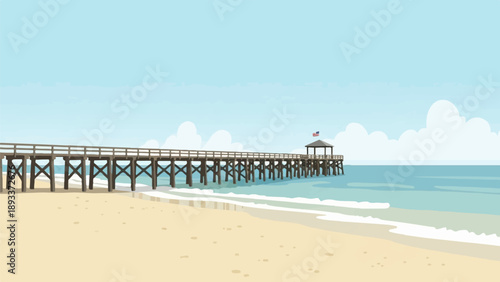 A wooden pier extends over calm ocean waves to a shaded gazebo with a flag