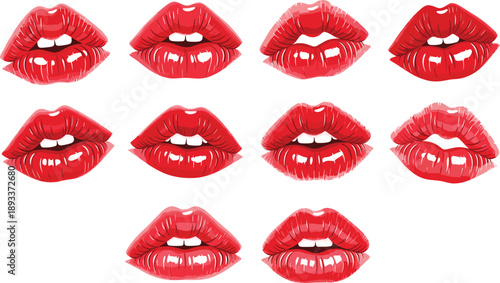 Hand drawn red lipstick lips expressions collection artistic pop art vector illustration set