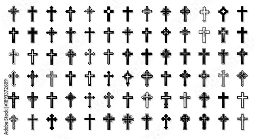 Diverse collection of artistic Christian cross symbols in varied styles and forms set against a