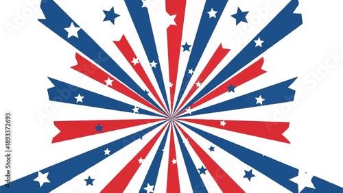 Abstract red, white, and blue starburst pattern with scattered stars