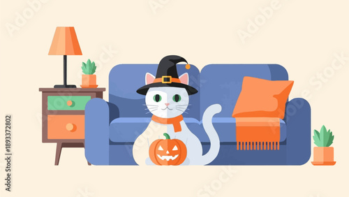 A white cat in a witch hat sits on a couch with a pumpkin