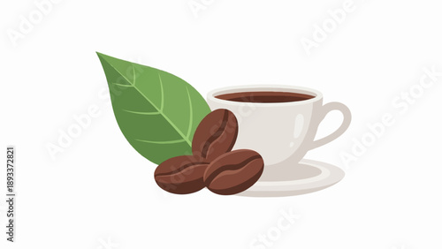 A white cup of dark coffee with two coffee beans and a green leaf