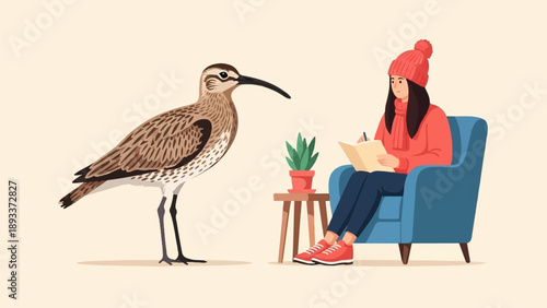 A woman in a cozy setting writes in a journal while a bird stands nearby