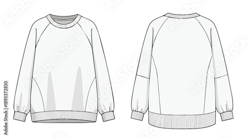 Loose-fit raglan sweatshirt technical fashion illustration with detailed front and back design views