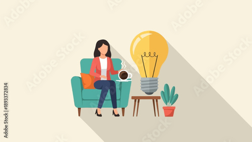 A woman in a red jacket sits on a teal couch holding a coffee cup near a glowing light bulb
