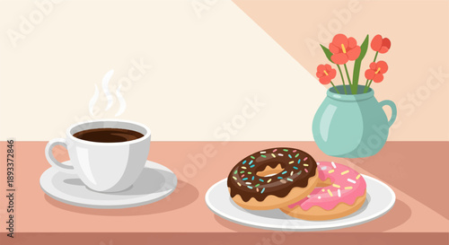 A white cup of steaming coffee beside two donuts and a vase of flowers