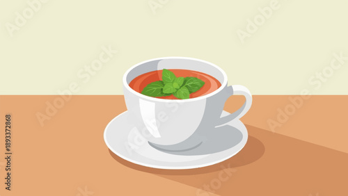A white cup of tomato soup with mint garnish rests on a saucer
