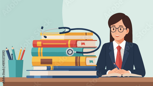 A woman in a suit with glasses studies, surrounded by books and a stethoscope