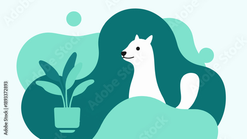 A white dog sits beside a potted plant amidst abstract shapes