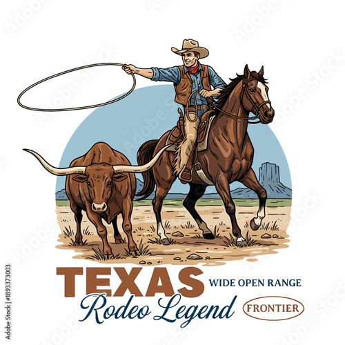 Texas rodeo legend cowboy with lasso and longhorn cattle