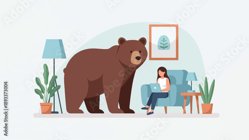 A woman on a laptop sits next to a bear in a cozy room