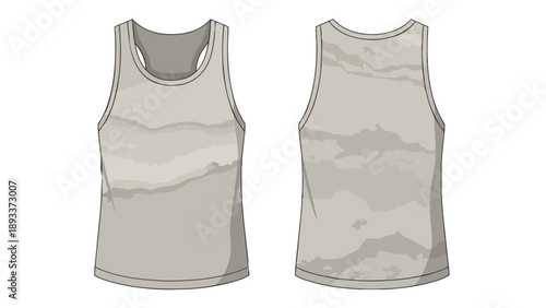 Detailed front and back technical illustration of a modern sleeveless vest showcasing a subtle muted gray abstract pattern perfect for fashion