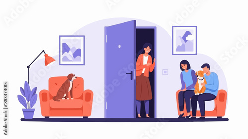 A woman opens a door to a couple and their dog, with another dog on a chair
