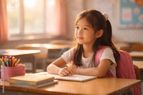 A girl studying in a sunny classroom