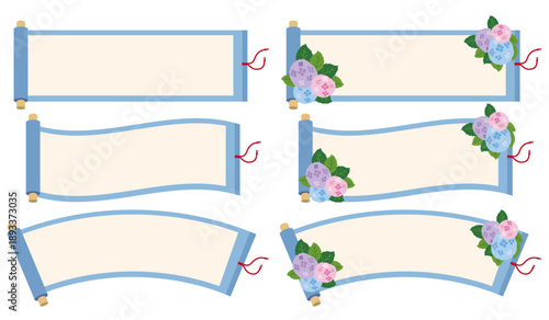 水色の巻物のイラストセット。あじさいが装飾された初夏のイメージ。