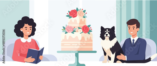 A woman reads a book, a cake, and a man pet a dog indoors