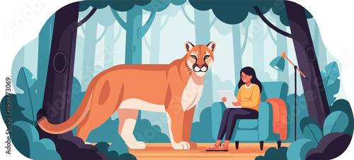 A woman reads on a tablet in a chair, while a mountain lion stands beside her in a forest