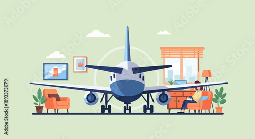 A woman relaxes in an armchair as a large airplane is in her living room