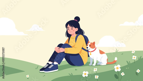 A young person and their dog relax together in a sunny, flowery field