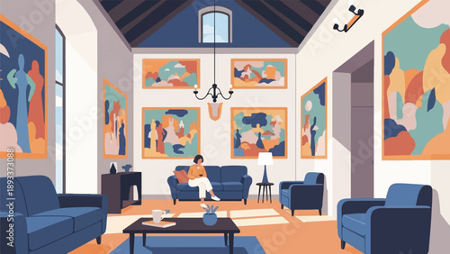 A woman relaxes in a brightly lit art gallery room with colorful abstract paintings
