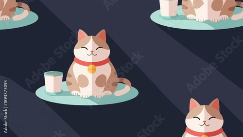 Adorable cartoon cats with red collars and bells sit beside drinks