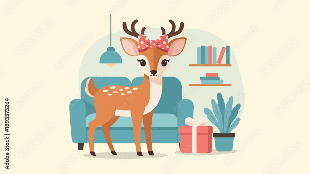 Fototapeta premium Adorable cartoon deer with a bow stands in a cozy living room