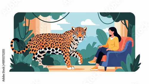 A woman sits comfortably in a chair, observing a jaguar in a jungle setting