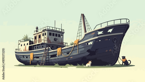 Abandoned pixel art ship with two dogs resting beside it