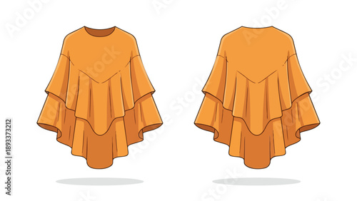 Vibrant orange tiered ruffle top design, a chic fashion illustration displaying both front and back views of a flowy garment. Ideal for casual