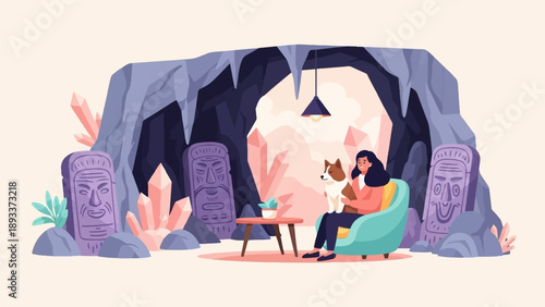 A woman sits in a cave with her dog, surrounded by crystals and ancient statues