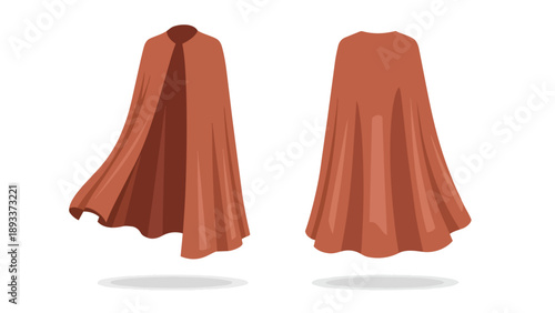 Dynamic illustration of an earthy reddish-brown cape, front and rear views, displaying flowing fabric and sleek design ideal for fashion or