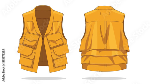 Functional yellow multi-pocket utility vest template, showing front and back. Ideal for outdoor activities, workwear, and travel, providing