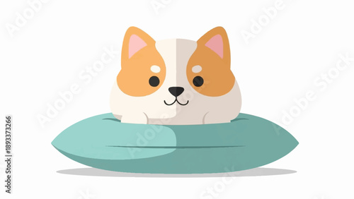 Adorable cartoon dog face rests peacefully on a teal cushion