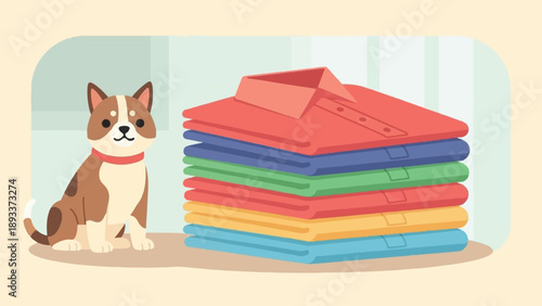 Adorable cartoon dog sits beside a neat stack of colorful, folded shirts