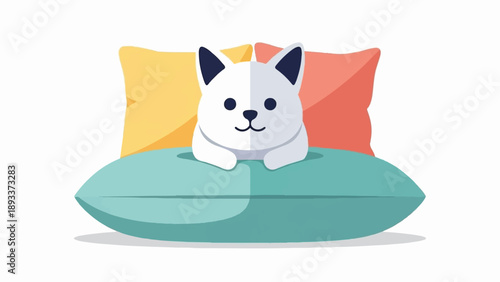Adorable cartoon dog sitting comfortably on a pile of colorful cushions