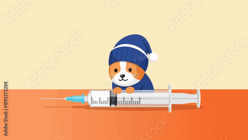 Adorable cartoon dog wearing a hat and coat peeking over a syringe
