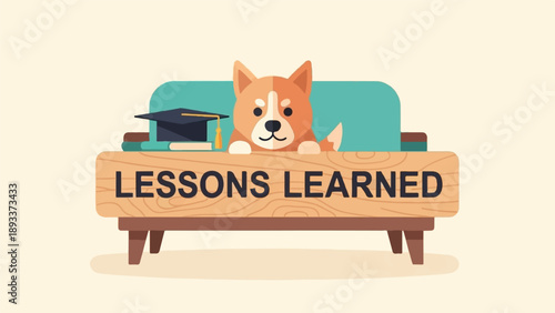Adorable dog on a couch with "LESSONS LEARNED" sign and graduation cap