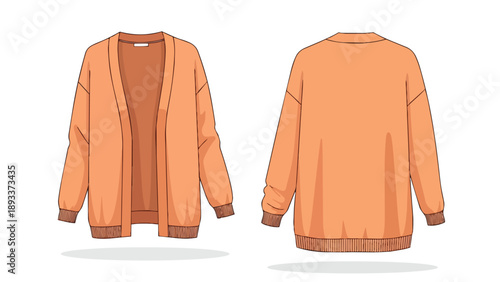 Stylish oversized peach-colored open cardigan for women, presented as a detailed vector illustration with both front and back views for diverse