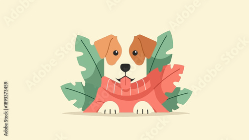 Adorable dog peeking over a coral scarf amongst lush tropical leaves