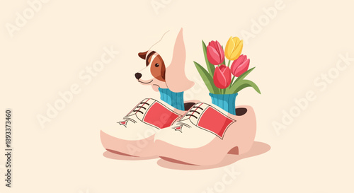 Adorable dog wearing a bonnet peeks over clogs with blooming tulips