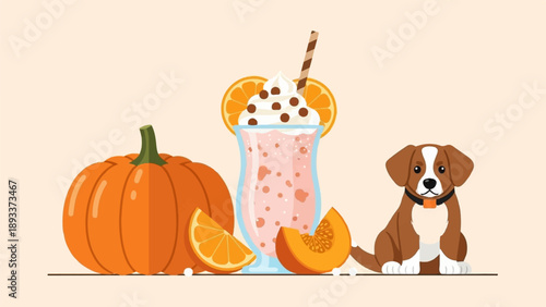 Adorable dog sits by a pumpkin and a festive drink with orange slices