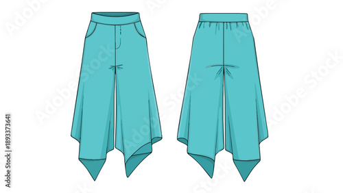 Fluid asymmetrical culottes technical drawing, front and back views for fashion design development