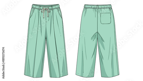 Mint green wide-leg technical fashion flat of comfortable women's relaxed fit trousers with a drawstring elasticated waist and side pockets for