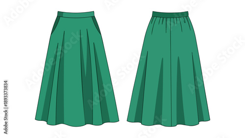 Detailed flat sketch of a vibrant teal green modest pleated maxi skirt, presented with both front and rear views, perfect for fashion design