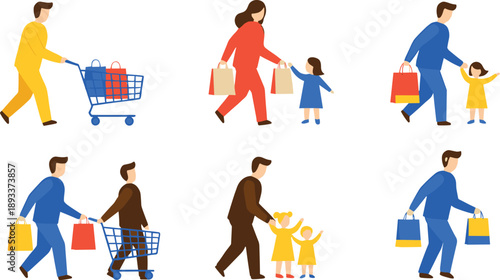 Parents shopping with children and grocery bags flat vector illustration set for family lifestyle concepts