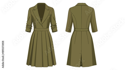 Sophisticated olive green wrap dress with pleated skirt and three-quarter sleeves, detailed technical drawing