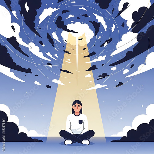 Meditating woman sitting under divine light beam in cosmic sky representing mindfulness inner peace and spiritual awakening