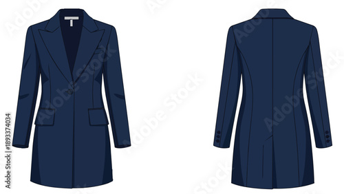 Navy blue long blazer illustration for women, front and back. A single-breasted outerwear design with elegant lapels and practical pockets for