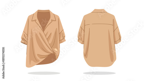 Stylish loose-fit beige casual blouse with a chic knot design, presenting both front and back views for a comprehensive fashion illustration, ideal